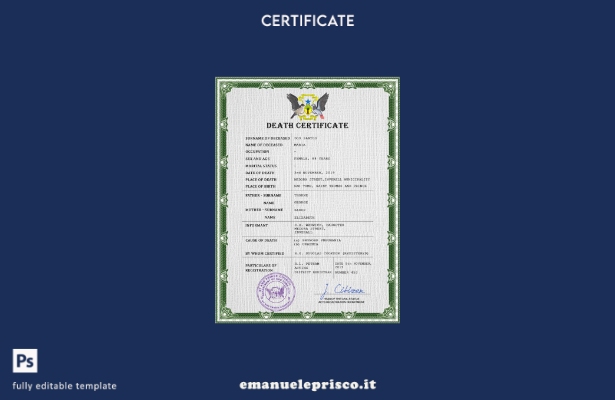 modello PSD del certificato di morte dei documenti vitali di Sao Tome in stile v
